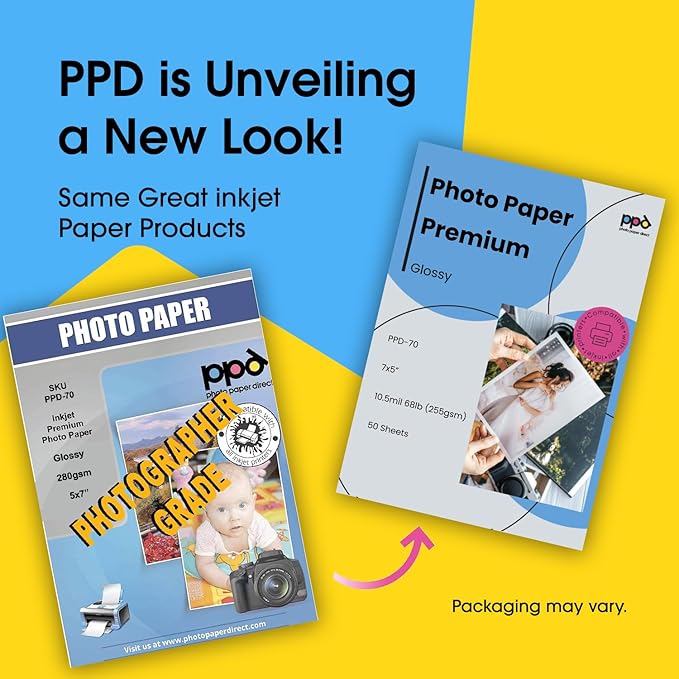 PPD Glossy Photo Paper for Inkjet Printer, 5 x 7" Premium Quality Printable Sheets for Custom Picture, Professional Photographic Instant Dry For with Normal, Dye or Pigment Ink (100 Pack/280 gsm)