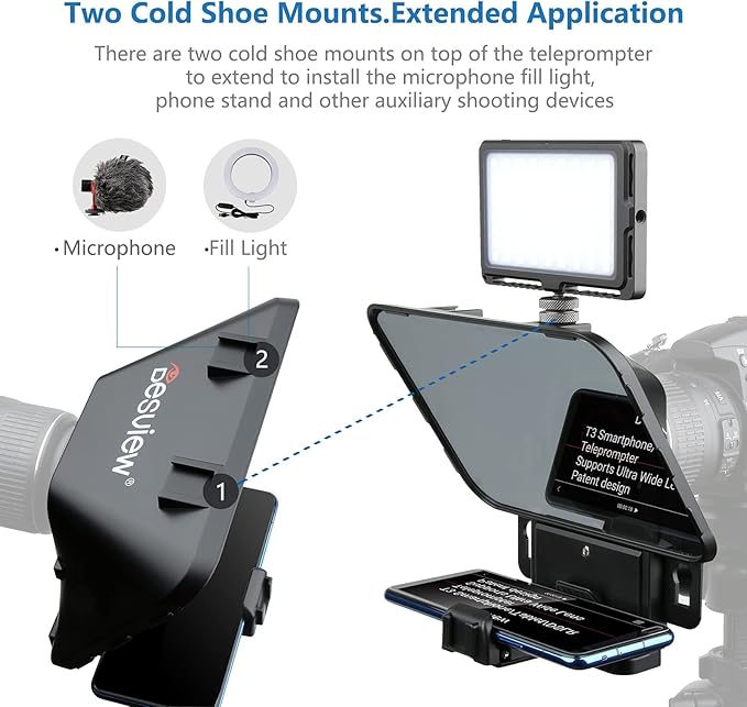 Desview T3 Portable Teleprompter for iPad Tablet iPhone up to 10 inch High Definition 70/30 Beam Splitter Glass with Remote Control for DSLR Camera Smartphone Video Recording (9 Lens Adapter Ring)