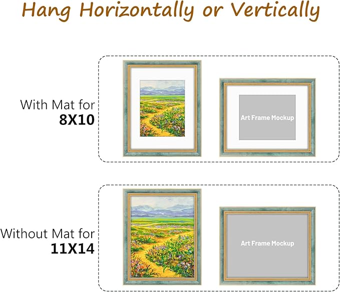 Golden State Art,11x14 Ornate Picture Frame for 8x10 Photo with Mat or 11 x 14 Prints Without Mat, Real Glass Wall Display Horizontally or Vertically (Color:Distressed Blue Gold)