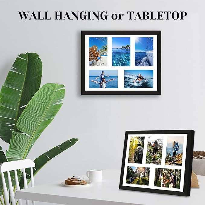4"x6" Wood Photo Collage Frame 5 Openings, 11"x14" Multi Picture Frame Collage Wall Decor, Brushed Black Frame with White Mat, Solid Pine Wood