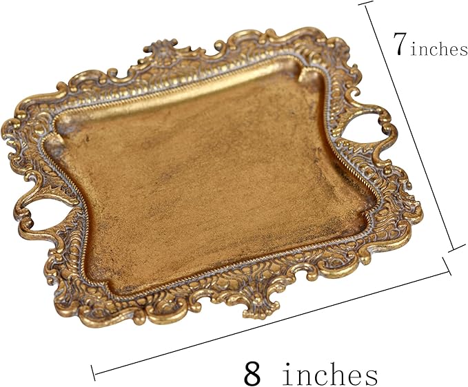 Funly mee Antique Trinket Dish Vintage Metal Jewelry Tray, Wedding Ring & Necklace Holder -8 x 7 inches (Gold, M)