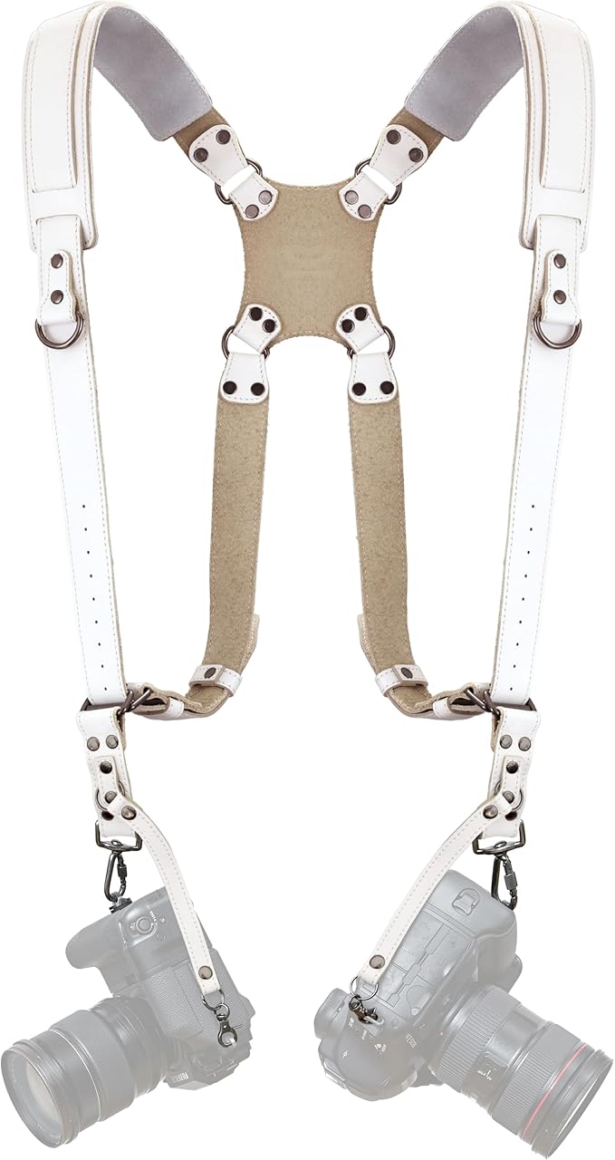 Padwa Lifestyle White Dual Camera Harness for Two Cameras - Wide Strap with Thick Shoulder Padded,Full Grain Leather Double Harness,Multi Camera Gear for DSLR Strap for Photographers