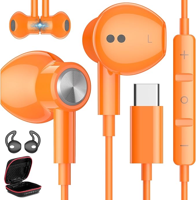USB C Headphones for iPhone 17 Pro Max Air 16 15, Type C Earphones with Microphone Magnet Stereo Wired Earbuds for Samsung Galaxy S26 S25 Ultra S24+ 23 A53 S21 S20 FE Flip 7 6 Fold/Pixel 10 9, Orange