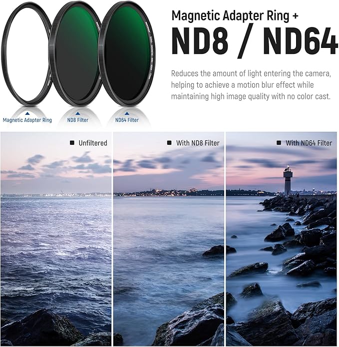 NEEWER 72mm 5 in 1 Magnetic ND Lens Filter Set, Black Diffusion 1/4 Filter, Soft GND8, ND8, ND64 Magnetic Adapter Ring, HD Optical Glass/Water Repellent/30 Layers Nano Coatings/Scratch Resistant