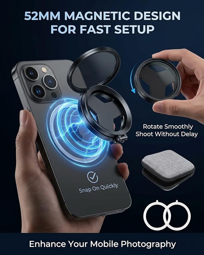 Anti-Glare Magnetic Phone Filter – Reduces Unwanted Reflections, 52mm Cpl Foldable Universal Polarizing Filter Mount with Phone Camera Snap Grip Kit for iPhone Smartphone Photography(1set)