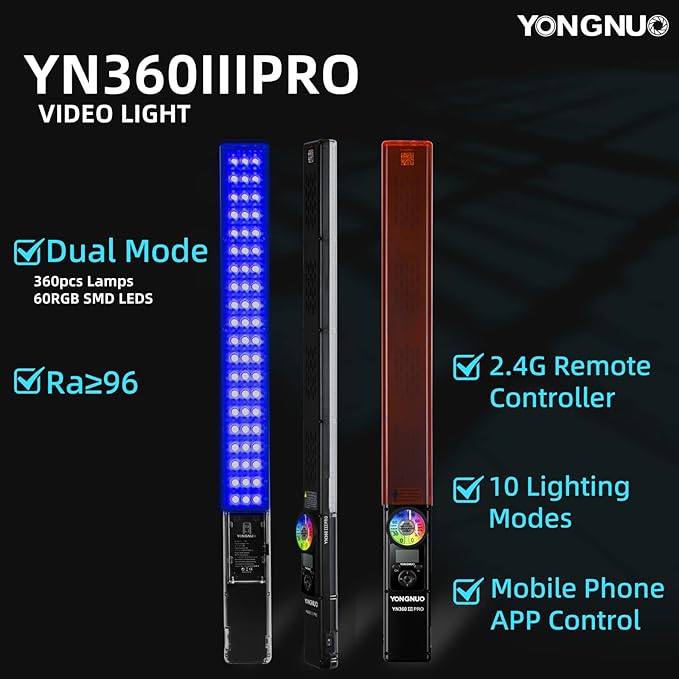 YONGNUO YN360III PRO YN360 III PRO LED Video Stick Ice Light, 2.4G Remote Control Touch RGB Full Color, CRI 95+ App Support, 3200K-5600K Bi-Color
