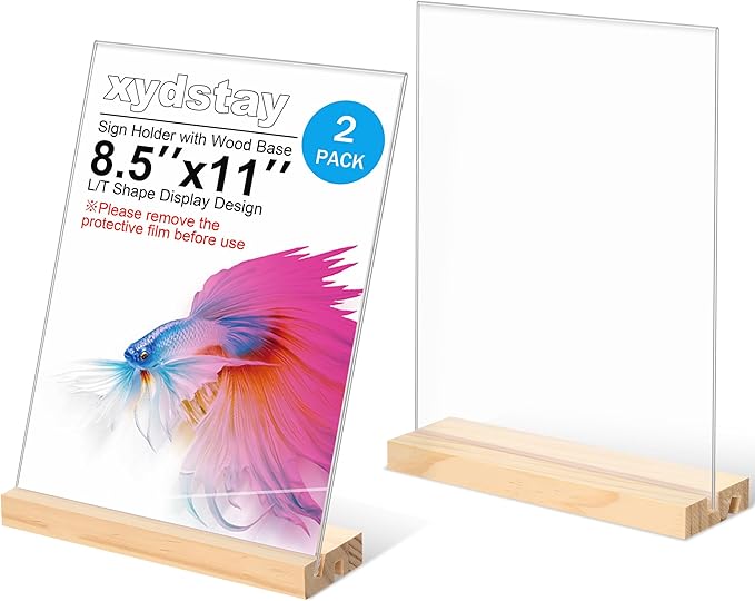 xydstay 2pack 8.5x11 Acrylic Sign Holder with Wood Base for Picture Frames,L/T Shape Double Slot Design for Vertical or Slant Back Display, for Restaurant, Office, School, Store and Home Use