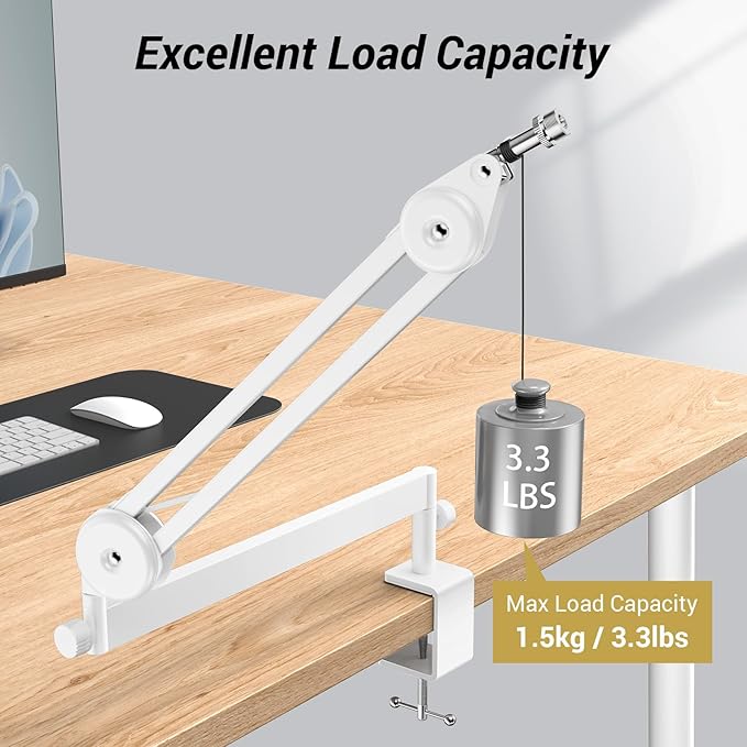 Tonor Mic Arm Desk Mount, Low Profile Boom Arm, Microphone Arm, Adjustable Mic Stand with Desk Mount Clamp, Cable Management, 3/8’’ and 5/8’’ Screwadapter for Most Microphone, White, T40LP
