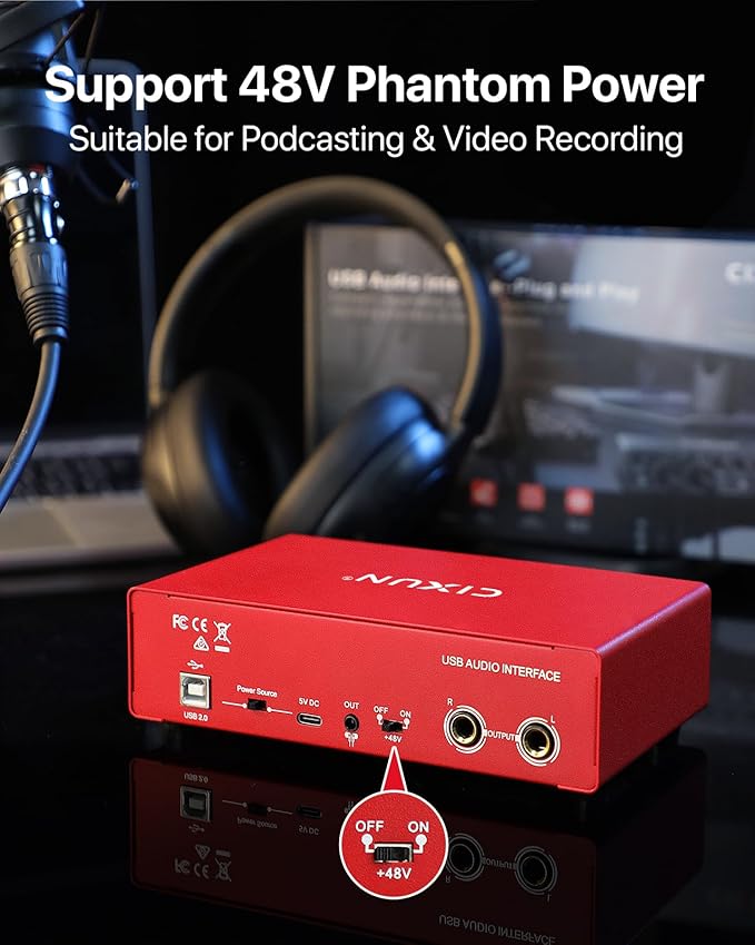 2x2 USB-C Audio Interface for PC/Mac Recording, 24-bit/192kHz, Dual TS/XLR Inputs, +48V Phantom Power, Studio/Podcast/Streaming(Matte Red)