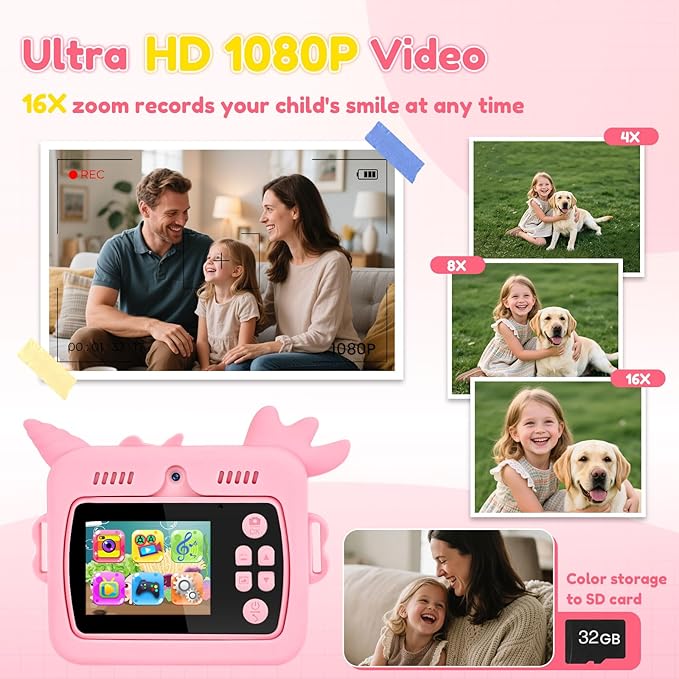 OTJ Kids Camera Instant Print for Girls Boys - Selfie Toddler Digital Toy Camera Gift Set, Christmas Birthday Gifts for 3 4 5 6 7 8 9 10 Years Old Kids