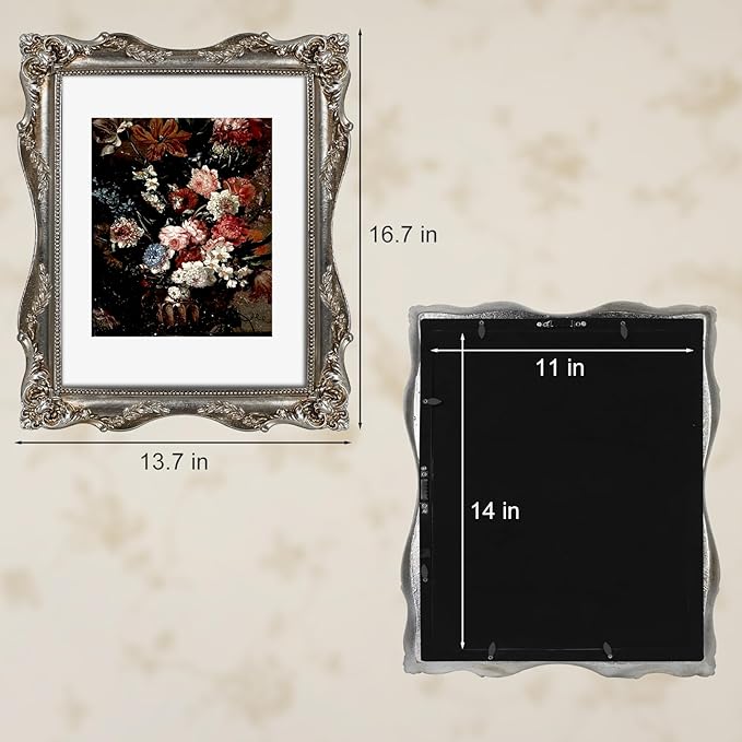 Silver Ornate 11x14 Picture Frame with Mat for 8x10 or 11x14 Photos, Real Glass, Vintage Baroque Victorian Frames for Wall Display