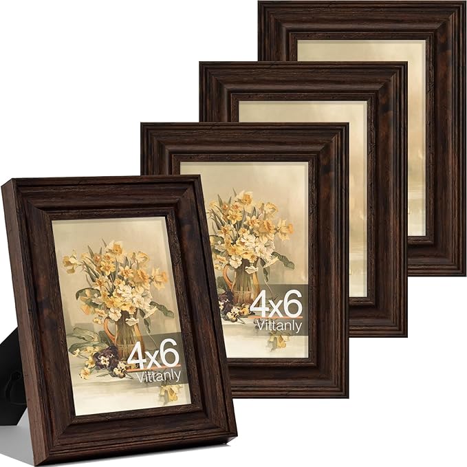 Vittanly 4x6 Picture Frame Set of 4, Vintage Photo Frame for Wall or Tabletop, Display 3.5x5 Pictures with Mat or 4x6 without Mat, Rustic Farmhouse Home Decor, Dark Brown
