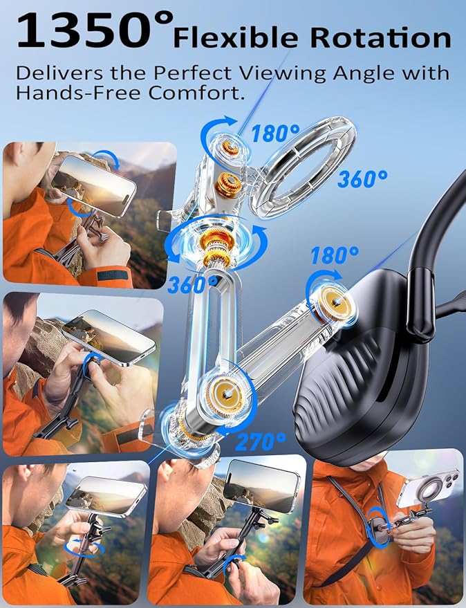 Magnetic Phone Holder Neck Mount: Hands Free Chest Stand with Fixed Strap for GoPro Camera | POV Selfie Filming & Video Recording for iPhone 17 16 15 14 13 12 Series & Android Smartphone（Black）