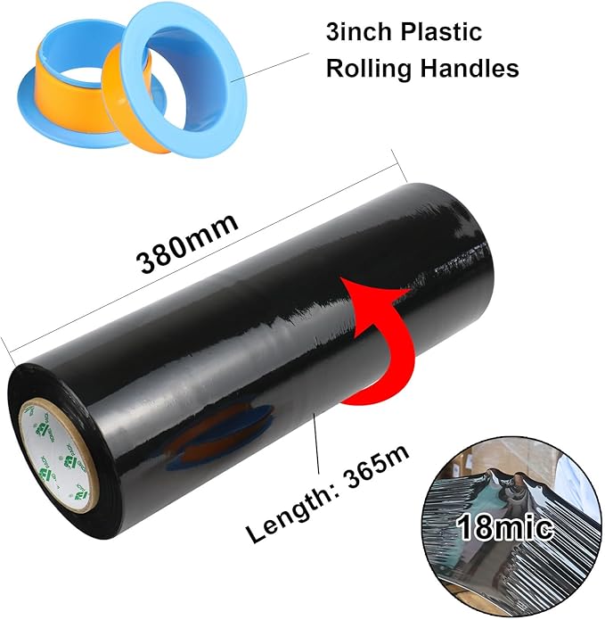 BOMEI PACK 1 Pack 1200ft Industrial Black Stretch Wrap Film 70 Gauge 15" with 3inch Plastic Rolling Handles for Pallet Wrap, Durable Self-Adhering Packing, Moving, Heavy Duty Shrink Film