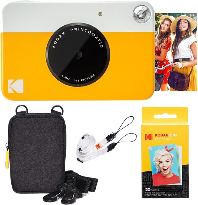 Kodak Printomatic Full-Color Instant Print Camera Starter Bundle + Carrying Case + Zink 20pk Photo Paper - Colorful Photos On 2x3 Sticky-Back Paper - Fun Gift for Birthday Christmas Holiday - Yellow