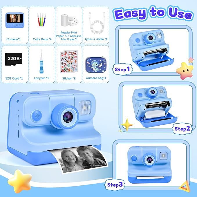 Kids Instant Print Camera, 30MP 1080P HD Digital Camera for Boys Girls with Color Pens & 32GB Card, Christmas Birthday Gifts Kids Toys for 3-12 Years Old (Blue)