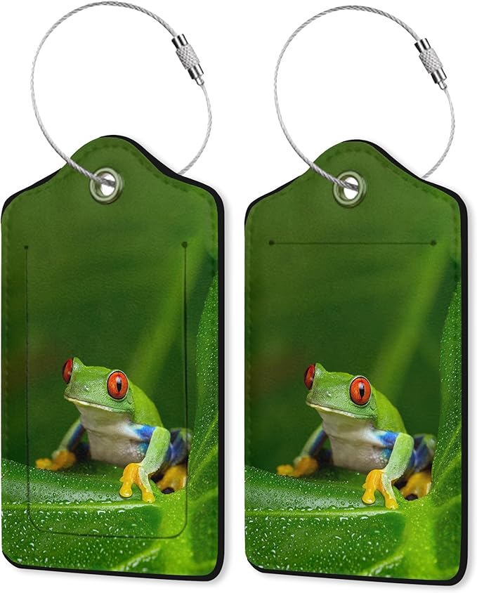 2 Pack Leather Luggage Tag for Suitcase Cute Tree Frog Funny Animal Unique Travel Tags with Privacy Cover ID Label & Stainless Steel Loop for Men and Women Baggage