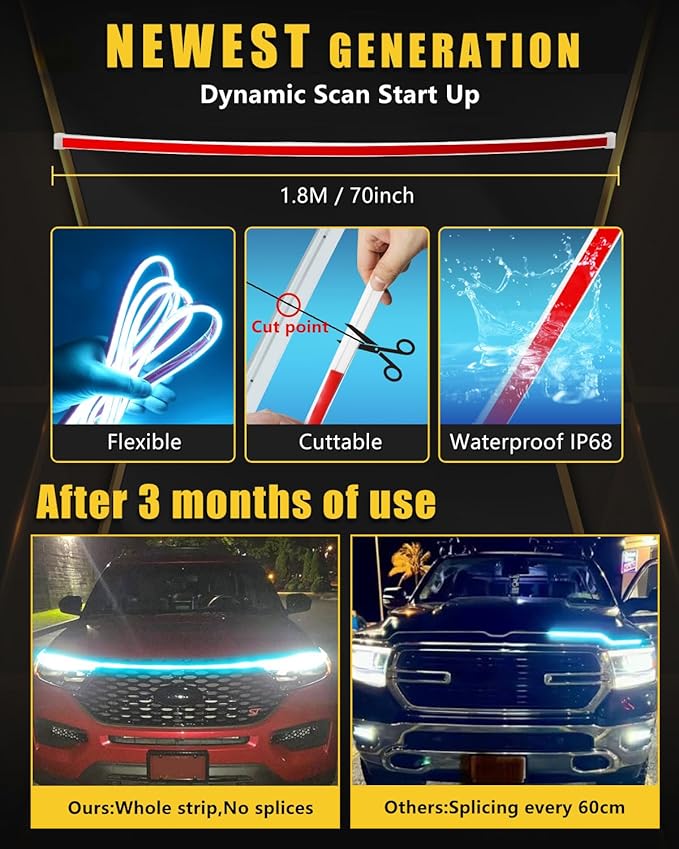 YM E-Bright Led Hood Light Strip Exterior Led Strip Lights for Cars Waterproof Flexible DRL Dynamic Scan Start Up Hoodbeam Kit Daytime Running Light for Truck,SUV,12V 70inch,Ice Blue,1 Set