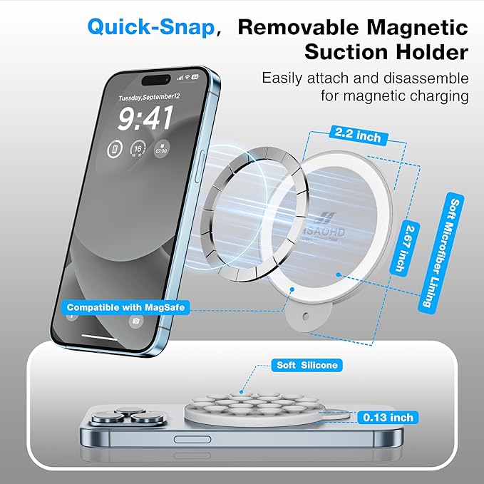 Magnetic Suction Cup Phone Mount with MagSafe, Silicone Hands-Free Grip Holder for iPhone Case and Android, Mirror Shower Phone Stand for Makeup FaceTime Gym Kitchen Bathroom, Light Gray