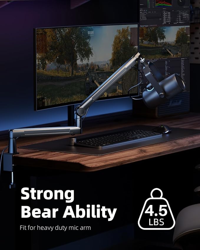 TODI Mic Stand Desk, Low/High Profile Mic Arm Bear 4.5LBS with Extension Riser, Adjustable All Metal Desk Microphone Stand with Cable Channel, Boom Arm Mic Stand with 3/8'' 5/8'' Interface