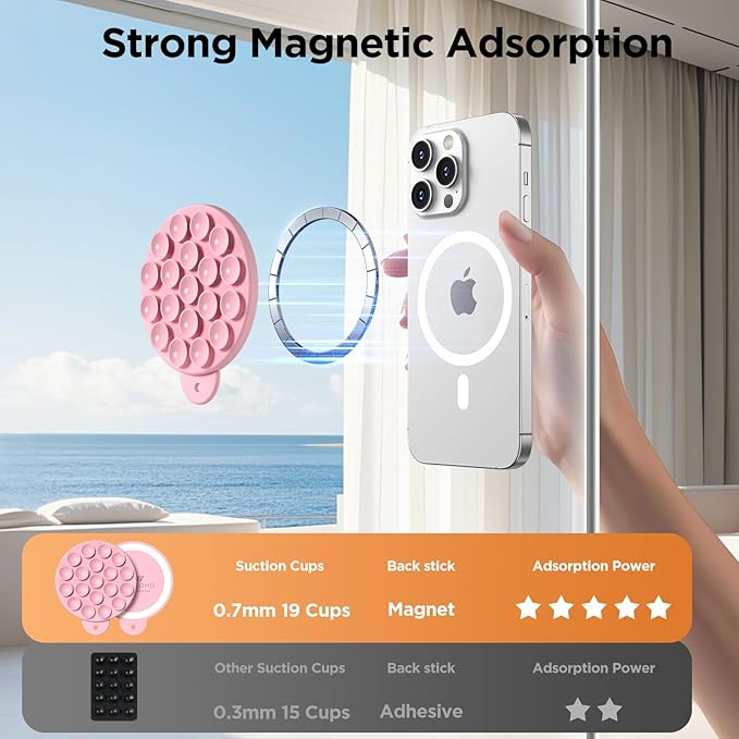 Magnetic Suction Cup Phone Mount with MagSafe, Silicone Hands-Free Grip Holder for iPhone Case and Android, Mirror Shower Phone Stand for Makeup FaceTime Gym Kitchen Bathroom, Pink