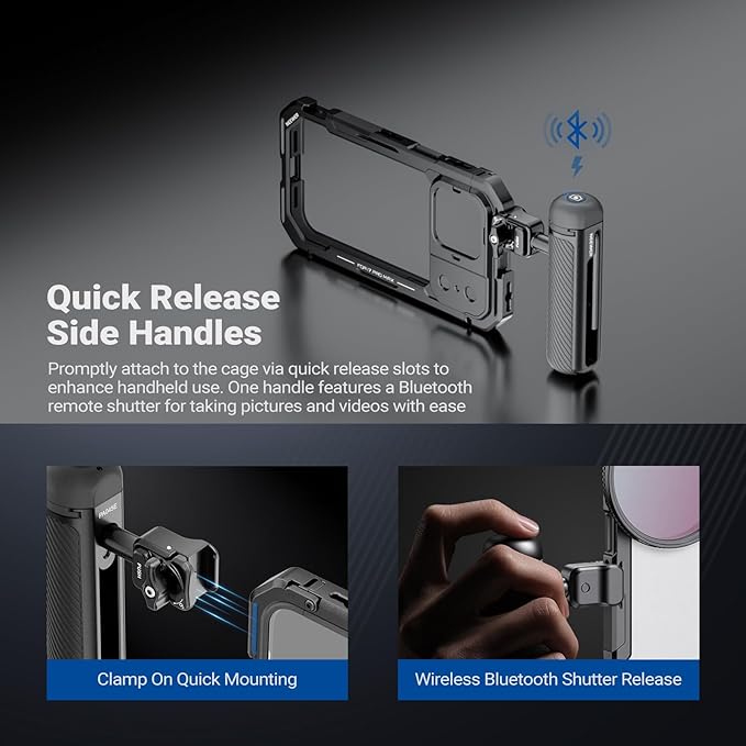 NEEWER Phone Cage Kit Compatible with iPhone 17 Pro Max Only, Video Rig Stabilizer Accessories with 67mm Filter Ring, 17mm & T Mount Lens Backplates, Quick Release Bluetooth Handle, PA144 (Black)