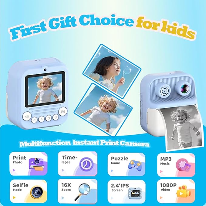 Dual-Lens Instant Print Camera for Kids, 48MP Thermal Instant Printing Camera with 2.4 Inch IPS Screen for Toddler, Boys Girls Christmas Birthday Gifts Photo Printer with 64GB SD Card (Blue)