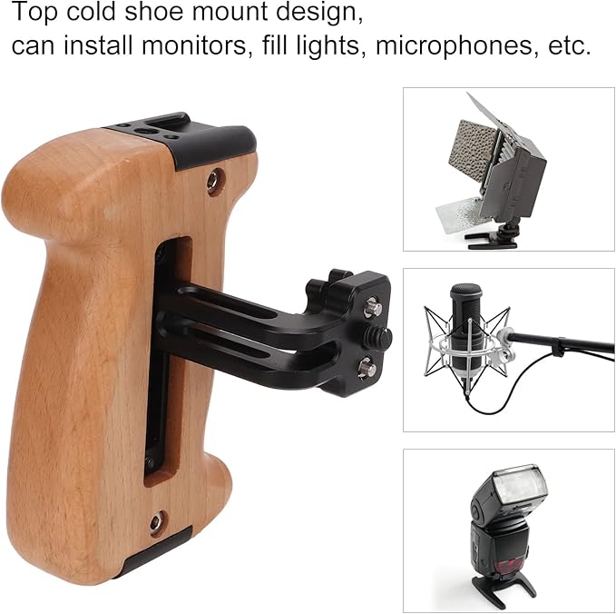 Camera Cage Handle Grip Wood Top Handle with Cold Shoe Mount and 1/4 Inch Screw Holes, Aluminum Alloy Durable Lightweight - Ergonomic Comfortable Grip for DSLR and Smartphone