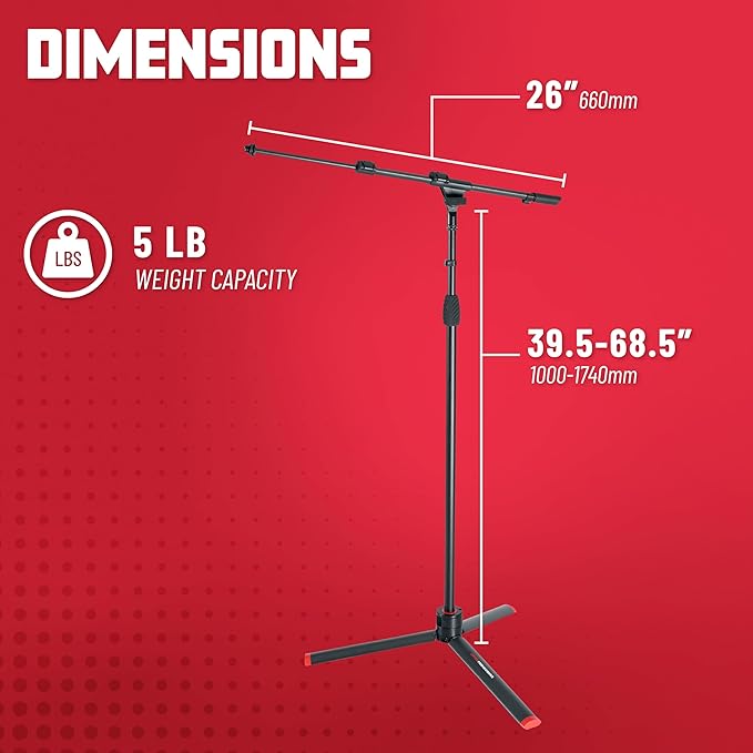 Gator Frameworks ID Series Tripod Mic Stand with 26" Dual Section Adjustable Boom Arm, Fully Collapsable into Compact Cylinder Shape (GFW-ID-MIC)