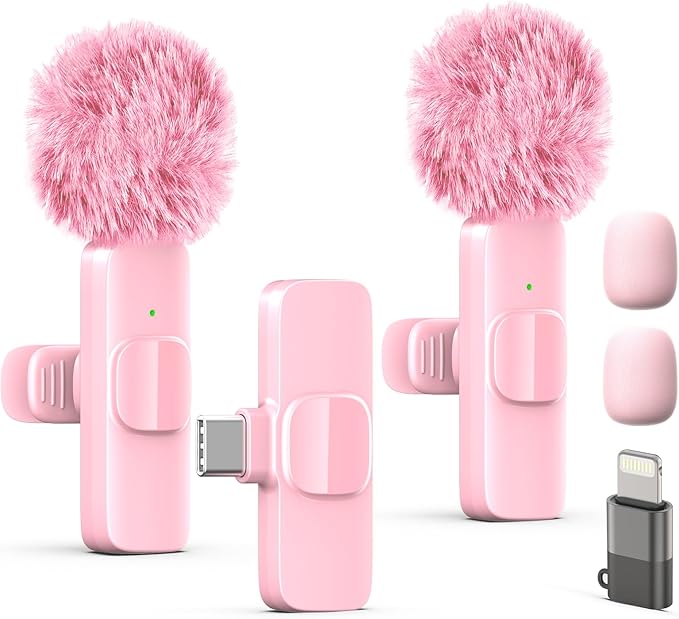 Wireless Lavalier Lapel Microphone for iPhone, iPad, mini Video Recording Mic for Interview Video Podcast Vlog YouTube & Livestream, Noise Reduction, Plug & Play (Pink)