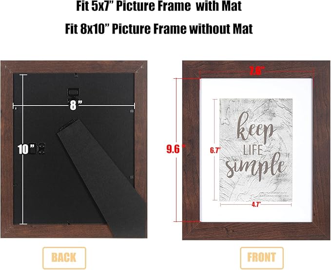 kennethan 2 Pcs Dark Brown Frame Set - 8x10 or 5x7 Picture with Mat or Without Mat on the Wall