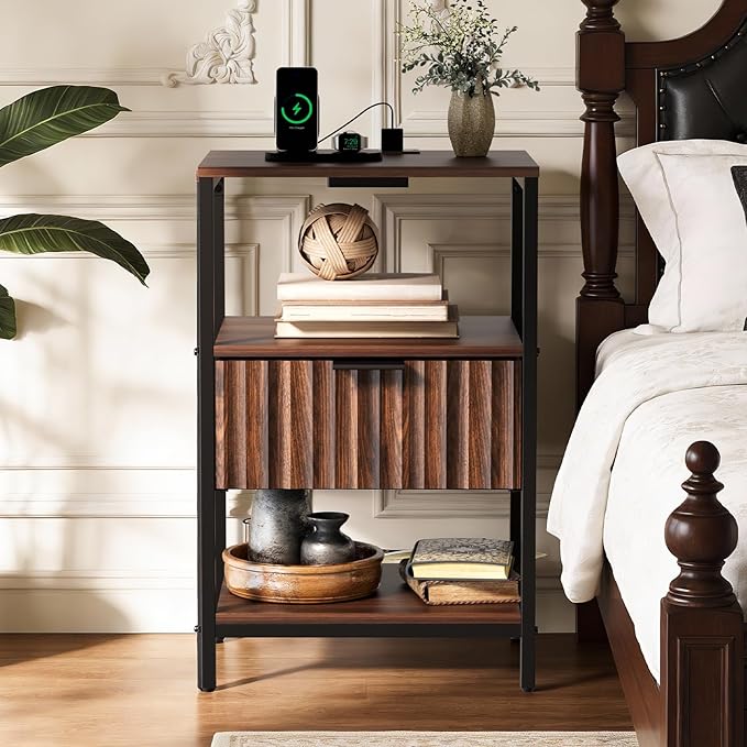 Bonnlo Fluted Nightstand with Charging Station, End Table with Fabric Drawer, Night Stand with Storage Shelf & Handle, Fluted Side Table for Bedroom/Living Room,Walunt