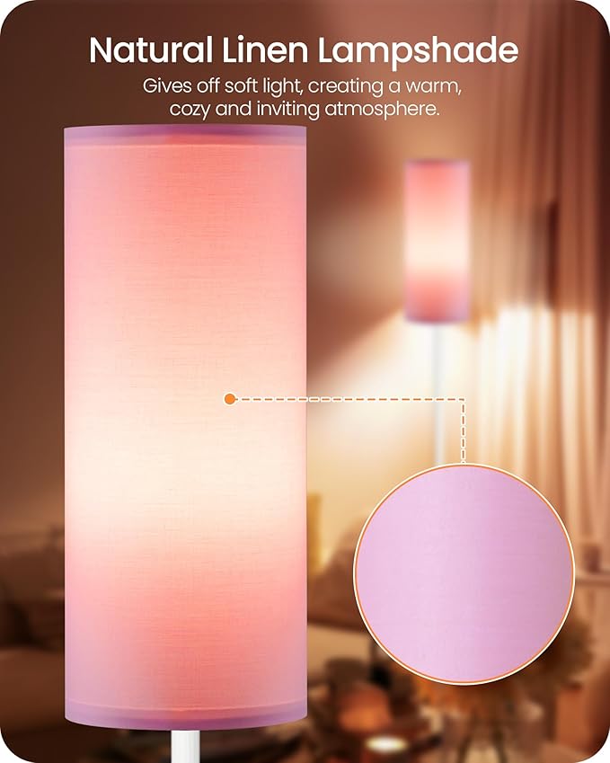 Dimmable Floor Lamps for Living Room with Remote and Foot Switch, 64.4” Modern Standing Tall Lamp, Corner Lamp for Bedroom, Bulb Included, 3000K-6500K, FCC Listed, Pink and White WP06LD05W1