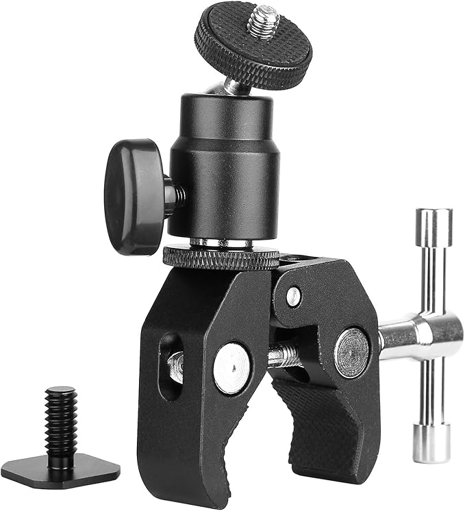 ChromLives Camera Clamp Mount Ball Head Clamp Super Clamp and Mini Ball Head Hot Shoe Mount Adapter with 1/4"-20 Tripod Screw Compatible with LCD/DV Monitor, LED Lights, Flash Microphone and More