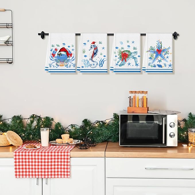 Preboun 6 Pcs Christmas Kitchen Towels Beach Coastal Christmas Decor Ocean Decorative Hand Towels Blue Red Dish Cloth Farmhouse Tea Cloth Kitchen Accessories Bathroom Decor Holiday