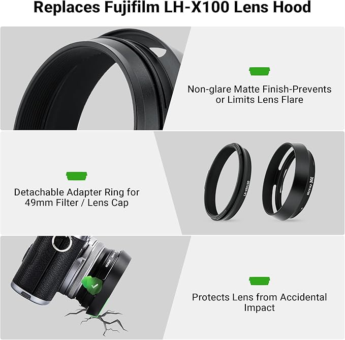JJC Lens Hood for Fujifilm Fuji X100 X100VI X100V X100F X100S X100T X70 Cameras with 49mm Adapter Ring Replaces Fujifilm LH-X100 Lens Shade and AR-X100 Adapter Ring-Black