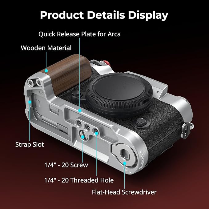 SMALLRIG X-T50 Handgrip, Wooden L-Shape Grip for FUJIFILM X-T50 Camera, Built-in Quick Release Plate for Arca, with Shutter Button and Hot Shoe Cover, Silver - 4735