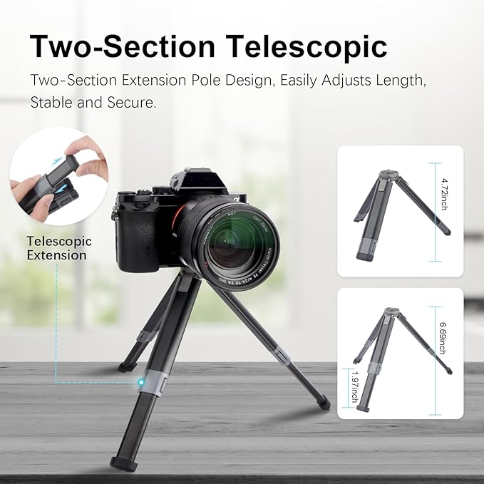 Mini Camera Tripod Kit, All Aluminum Desk Tripod with 360° Phone Holder for DSLR/Action Camera/Cellphone, Phone Tripod Stand Selfie Stick for Video Recording/Vlogging, Max Load 11lbs (SY027)
