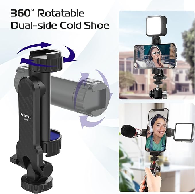 Cell Phone Tripod Mount, Universal Tripod Phone Mount with 2 Cold Shoes, 360° Rotates 180° Tilts Camera Hot Shoe Phone Mount Smartphone Tripod Holder Adapter for iPhone Samsung All Phone