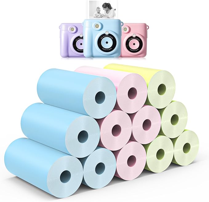 Hikkon 12 Rolls Kids Instant Camera Thermal Print Paper Refill - 3 Colors (Pink, Blue, Yellow) Compatible with Most Children Instant Print Cameras
