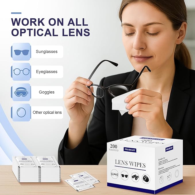 Pikabeast 200 Count Lens Wipes for Eyeglasses, Eyeglass Cleaner Wipes for Cameras, Sunglasses, Phone and Computer - Keep Your Lenses Spotless