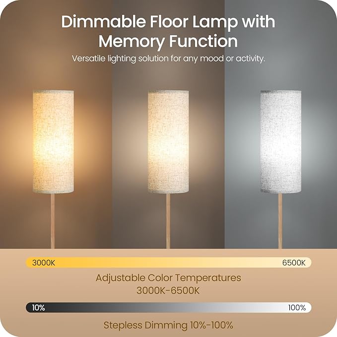 Wooden Textured Pole Lamp, Dimmable Floor Lamps for Living Room with Remote and Foot Switch, 64.4” Standing Tall Lamp, Corner Floor Light for Bedroom, Bulb Included, 3000K-6500K, FCC Listed XE06LD05W1