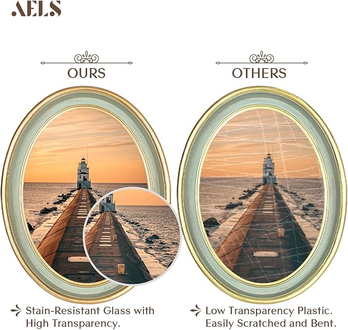 AELS 5x7 Inch Vintage Picture Frame, Elegant Antique Photo Frames with Glass Front, Photo Display, Tabletop Wall Hanging, Gift Ideas, Oval Sage Green with Gold Trim