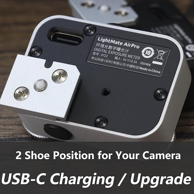 LightMate AirPro Light Meter Photography, 35°Wide-Angle Reflective Digital Exposure Meter, Rechargeable 20H Battery Life, 3 Dials Retro Exposure Indicator, for Leica & Other Film Cameras, Silver Metal