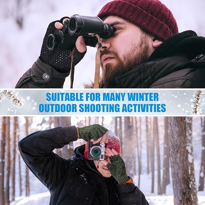 Geyoga 2 Pairs Wool Fingerless Fishing Gloves for Men Women Anti-Slip with Grip Dots Warm Winter Fly Ice Fishing Gloves