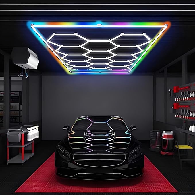 Hexagon Garage Lights RGB Frame, Hexagon LED Light Garages High Bright 6500K 672W 86400LM, Easy Install 14 Grid Honeycomb Hexagon Ceiling Lights for Garage, Shop, Car Detailing Shop