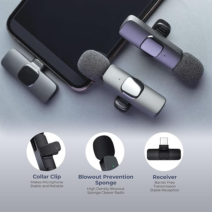 Wireless Lavalier Microphone 2-Pack – Compatible with iPhone, iPad, iOS, Android – Mini Mics with USB-C, Noise Reduction Lapel Mic for Video Recording, Vlogging, YouTube, TikTok (Black)