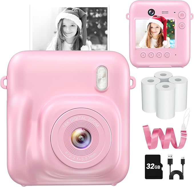 Instant Camera, Dual-Lens Kids Camera Instant Print for Boys Girls Christmas Birthday Gifts, 1080P Digital Cameras for Kids Teens with Print Paper, 32GB Card, Toddle Toy for Age 4-12 Years(Pink)