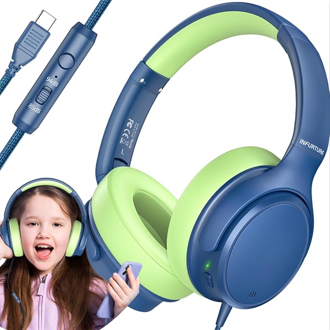 INFURTURE Kids Headphones Over-Ear with Microphone - Wired USB-C Headphones for Children, Active Noise Cancelling, 85/94dB Volume Limiting Safe Headset for School, Travel, Boys & Girls