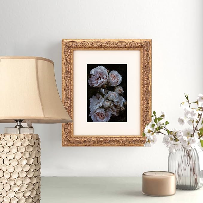 8x10 inch Distressed Wood Embossed Scroll Motif Vintage Antique Rustic Picture Frame, White Mat for 5x7 in Photo, Art Print Drawing, Wall Hanging or Desktop Display-Rustic Gold